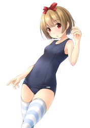 Rule 34 | 1girl, blue one-piece swimsuit, brown eyes, brown hair, cowboy shot, hair ribbon, highres, looking at viewer, one-piece swimsuit, original, red ribbon, ribbon, school swimsuit, shibacha (shibacha 0728), short hair, simple background, solo, striped clothes, striped thighhighs, swimsuit, thighhighs, white background, white thighhighs