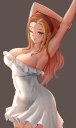 Rule 34 | 1girl, armpits, arms up, braco, breasts, brown eyes, cleavage, covered navel, dress, hairband, highres, large breasts, long hair, looking at viewer, nami (one piece), one eye closed, one piece, orange hair, parted bangs, red hairband, smile, solo, stretching, white dress