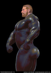 Rule 34 | 1boy, ass, bad id, bad tumblr id, bara, beard, black background, black bodysuit, bodysuit, brown hair, cowboy shot, facial hair, flexing, from side, highres, large pectorals, looking at viewer, male focus, mature male, muscular, muscular male, mustache, original, pectorals, profile, randombaradude, short hair, simple background, skin tight, solo, thick beard