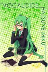 Rule 34 | 1girl, bad source, black thighhighs, book, glasses, green eyes, green hair, hatsune miku, long hair, matching hair/eyes, solo, starbottle, thighhighs, twintails, very long hair, vocaloid, watermark