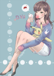 Rule 34 | 10s, 1girl, 2016, alternate eye color, artist name, bad id, bad pixiv id, blush, blush stickers, brown hair, blowing bubbles, casual, cellphone, cerithe, character name, chewing gum, collarbone, creatures (company), crossover, d.va (overwatch), dated, eyebrows, eyelashes, facepaint, facial mark, game freak, gen 1 pokemon, hand on leg, hand up, heart, heart print, holding, holding phone, invisible chair, long hair, long sleeves, nintendo, on lap, overwatch, overwatch 1, phone, pikachu, poke ball, pokemon, pokemon (creature), pokemon go, shirt, shoes, short shorts, shorts, sitting, sleeves past wrists, smartphone, spoken heart, whisker markings, white shorts, yellow eyes