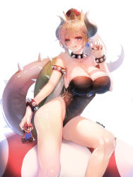 Rule 34 | 1girl, absurdres, bare shoulders, black leotard, blonde hair, blue eyes, blush, bowsette, breasts, cleavage, crown, covered erect nipples, highres, horns, jewelry, large breasts, leaning forward, leotard, long hair, looking at viewer, mario (series), monster girl, new super mario bros. u deluxe, nintendo, nipples, open mouth, pointy ears, ponytail, solo, spiked shell, spiked tail, spikes, strapless, strapless leotard, super crown, super mario bros. 1, tail, turtle shell, white horns