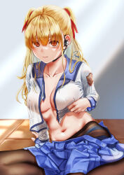 Rule 34 | 1girl, angel beats!, arm at side, arm support, black pantyhose, blonde hair, blue panties, blue sailor collar, blue skirt, blurry, blurry background, blush, breasts, cleavage, closed mouth, clothes lift, clothes pull, collarbone, commentary request, covered erect nipples, curvy, earpiece, eyelashes, eyes visible through hair, fine fabric emphasis, hair between eyes, hair over shoulder, hair ribbon, highres, indoors, large breasts, lifting own clothes, lips, long hair, long sleeves, miniskirt, navel, no bra, noir (nowaru), open clothes, open shirt, orange eyes, paid reward available, panties, panty peek, pantyhose, pleated skirt, red ribbon, ribbon, sailor collar, shinda sekai sensen uniform, shiny skin, shirt, shirt lift, signature, sitting, skindentation, skirt, skirt pull, solo, stomach, twintails, underwear, variant set, white shirt, yokozuwari, yusa (angel beats!)