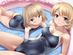 Rule 34 | 10s, 2girls, ass, bad id, bad pixiv id, blue eyes, blush, breasts, brown hair, cleavage, competition school swimsuit, darjeeling (girls und panzer), girls und panzer, hairband, highres, katyusha (girls und panzer), large breasts, looking at viewer, lying, multiple girls, nksk, on stomach, one-piece swimsuit, partially submerged, pool, school swimsuit, short hair, skindentation, smile, swimsuit, water