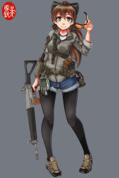 Rule 34 | 1girl, aqua eyes, assault rifle, between breasts, bow, breasts, brown hair, ear protection, full body, gloves, unworn gloves, gun, hair bow, hair ornament, hairclip, handgun, highres, holding, holding gun, holding weapon, holster, holstered, load bearing equipment, ndtwofives, original, pantyhose, pistol, rifle, safety glasses, short shorts, shorts, sig sg550, sig sg550, simple background, solo, strap between breasts, tinted eyewear, weapon, yellow-tinted eyewear