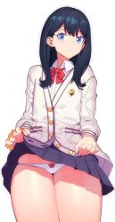 Rule 34 | 10s, 1girl, black hair, black skirt, blue eyes, bow, bow panties, bowtie, breasts, buttons, closed mouth, clothes lift, gridman universe, hip focus, kanjy00u, lifted by self, long hair, long sleeves, looking at viewer, miniskirt, panties, pleated skirt, scrunchie, simple background, skirt, skirt lift, solo, ssss.gridman, sweater, takarada rikka, thick thighs, thighs, underwear, white background, white panties, white sweater, wrist scrunchie