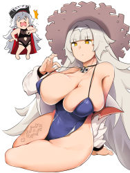 Rule 34 | 2girls, aged up, alternate breast size, azur lane, bakkanki, black one-piece swimsuit, blue one-piece swimsuit, blunt bangs, breasts, cleavage, graf zeppelin (azur lane), graf zeppelin (beachside urd) (azur lane), grey hair, hair ornament, hat, highres, large breasts, long hair, multiple girls, off shoulder, one-piece swimsuit, open mouth, simple background, sun hat, swimsuit, very long hair, white background, yellow eyes, z46 (azur lane), z46 (her first summer) (azur lane)