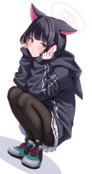 Rule 34 | 1girl, absurdres, animal ears, black hair, black jacket, black pantyhose, blue archive, blush, cat ears, cat girl, closed mouth, colored inner hair, extra ears, full body, halo, head rest, highres, hood, hood down, hooded jacket, jacket, kazusa (blue archive), looking at viewer, multicolored footwear, multicolored hair, pantyhose, pink eyes, pink hair, pink halo, pleated skirt, rama (yu-light8), skirt, sleeves past wrists, solo, squatting, white skirt