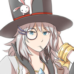 Rule 34 | 1girl, black hat, blue-framed eyewear, blue eyes, closed mouth, coat, commentary request, expressionless, gem, grey coat, hand in own hair, hat, jewelry, long hair, looking at viewer, monocle, natsuya (kuttuki), necklace, pipe in mouth, rabbit, ragnarok online, simple background, smoking pipe, solo, top hat, upper body, warlock (ragnarok online), white background, white hair