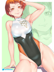 Rule 34 | 1girl, alternate costume, armpits, bare arms, breasts, competition swimsuit, etchimune, fire emblem, fire emblem: three houses, green background, hand on own head, leonie pinelli, looking at viewer, medium breasts, nintendo, one-piece swimsuit, orange eyes, orange hair, short hair, sideboob, sitting, smile, smug, solo, swimsuit, thick thighs, thighs, very short hair