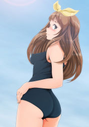 Rule 34 | 10s, 1girl, absurdres, ass, black one-piece swimsuit, blush, breasts, brown hair, closed mouth, cloud, covered erect nipples, cowboy shot, day, from side, green eyes, hair ribbon, hand on own hip, hibike! euphonium, highres, impossible clothes, legs together, lens flare, light smile, long hair, looking at viewer, looking back, medium breasts, nanashi noiji, nose blush, one-piece swimsuit, outdoors, parted bangs, perky breasts, ribbon, school swimsuit, skin tight, sky, smile, solo, standing, swimsuit, thick eyebrows, yellow ribbon, yoshikawa yuuko