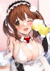 Rule 34 | 1girl, ;d, alternate costume, apron, bath, bathroom, bikini, breasts, brown eyes, brown hair, cleavage, elbow gloves, enmaided, gloves, highres, idolmaster, idolmaster cinderella girls, kozeni isari, large breasts, looking at viewer, maid, maid apron, maid headdress, necktie, one eye closed, open mouth, smile, soap bubbles, solo, sponge, swimsuit, totoki airi, twintails