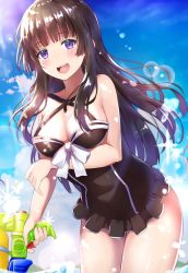 Rule 34 | 1girl, :d, bang dream!, black hair, black one-piece swimsuit, breast hold, breasts, cleavage, collarbone, cowboy shot, criss-cross halter, day, frilled swimsuit, frills, halterneck, holding, holding water gun, lens flare, long hair, looking at viewer, medium breasts, mia (fai1510), neck ribbon, one-piece swimsuit, open mouth, outdoors, purple eyes, ribbon, shirokane rinko, smile, solo, swimsuit, wading, water gun, white ribbon