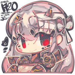 Rule 34 | 1girl, armor, bandaged head, bandages, bodystocking, bodysuit, chibi, cleavage, closed mouth, dated, goddess of victory: nikke, grey hair, jrpencil, long hair, modernia (nikke), red eyes, see-through, see-through cleavage, shoulder armor, signature, smile, solo