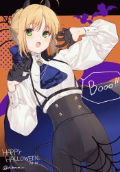 Rule 34 | 1girl, ahoge, alternate costume, artoria pendragon (all), artoria pendragon (fate), ascot, black cape, black gloves, black horns, black pants, blonde hair, blue ascot, braid, buttons, cape, commentary request, dated, demon tail, english text, fake horns, fake tail, fang, fate/stay night, fate (series), french braid, gloves, green eyes, half gloves, halloween costume, happy halloween, highres, horns, long sleeves, looking at viewer, nozawa noko, pants, saber (fate), shirt, short hair, skin fang, solo, tail, twitter username, white shirt