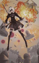 Rule 34 | 1girl, absurdres, black blindfold, black dress, black footwear, black thighhighs, blindfold, bob cut, boots, commentary request, dress, explosion, facing viewer, feather-trimmed sleeves, highres, holding, holding sword, holding weapon, mole, mole under mouth, nana (13054942), nier (series), nier:automata, outstretched arms, puffy sleeves, short hair, silver hair, spread arms, spread legs, sword, thigh boots, thighhighs, thighhighs under boots, turtleneck, turtleneck dress, weapon, 2b (nier:automata)