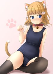 Rule 34 | 1girl, animal ear fluff, animal ears, bare arms, bare shoulders, bell, black one-piece swimsuit, black thighhighs, blonde hair, blue eyes, blunt bangs, blush, cat ears, cat girl, cat tail, closed mouth, collar, collarbone, commentary request, feet out of frame, hair ornament, hairclip, hand up, highres, jingle bell, neck bell, old school swimsuit, one-piece swimsuit, original, paw hair ornament, paw pose, pink background, red collar, school swimsuit, shadow, shibacha, smile, solo, swimsuit, tail, thighhighs