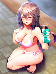 Rule 34 | 1girl, barefoot, bath, bikini, black hair, breasts, closed eyes, from above, front-tie top, hair between eyes, haruna (kancolle), highres, kantai collection, kneeling, large breasts, long hair, midriff, open mouth, pink bikini, same-sex bathing, see-through, shared bathing, side-tie bikini bottom, smile, soap, soap bubbles, solo, sponge, swimsuit, tile floor, tiles, tsukui kachou, water, wet, wet clothes, wet swimsuit