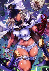 Rule 34 | 1girl, abs, absurdres, alternate breast size, bandaged arm, bandaged leg, bandages, blonde hair, breasts, cape, commentary, crop top, dark-skinned female, dark skin, english commentary, familiar, fingerless gloves, floating, floating object, floating sword, floating weapon, gloves, guilty gear, guilty gear strive, hat, hat over one eye, highres, huge weapon, large breasts, looking at viewer, medium hair, muscular, muscular female, navel, one eye covered, orange eyes, peaked cap, platinum blonde hair, ramlethal valentine, shinbross, shirt, short shorts, shorts, single fingerless glove, sleeveless, solo focus, sword, taut clothes, taut shirt, thick thighs, thigh strap, thighs, watermark, weapon, white cape, white gloves, white headwear, white shorts