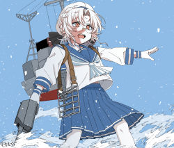 Rule 34 | 1girl, adapted turret, blue neckerchief, blue skirt, blue sky, brown eyes, cannon, cloud, commentary request, feet out of frame, glasses, gloves, grey hair, hat, hirato (kancolle), kantai collection, long sleeves, machinery, moti coi, neckerchief, one-hour drawing challenge, pantyhose, pleated skirt, sailor hat, school uniform, serafuku, short hair, skirt, sky, solo, turret, wavy hair, white gloves, white pantyhose