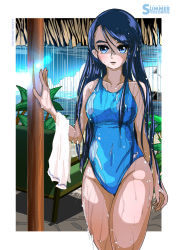 Rule 34 | 1girl, blue eyes, blue hair, blue sky, blue one-piece swimsuit, breasts, cloud, competition swimsuit, cowboy shot, groin, highres, long hair, looking at viewer, medium breasts, minazuki karen, one-piece swimsuit, pole, precure, sky, solo, standing, swimsuit, takaishi fuu, towel, wet, wet clothes, wet swimsuit, yes! precure 5