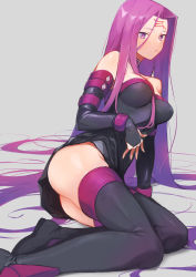 Rule 34 | 1girl, absurdly long hair, ass, belt collar, black dress, black footwear, black gloves, boots, breasts, closed mouth, collar, doushimasho, dress, elbow gloves, facial mark, fate/stay night, fate (series), fingerless gloves, forehead mark, gloves, grey background, highres, large breasts, long hair, medusa (fate), medusa (rider) (fate), purple eyes, purple hair, purple thighhighs, reclining, short dress, simple background, solo, square pupils, thigh boots, thighhighs, very long hair