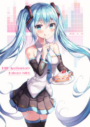 Rule 34 | 1girl, :q, aqua eyes, aqua hair, bare shoulders, black thighhighs, blouse, blue eyes, blush, cake, cake slice, character name, collarbone, commentary request, cowboy shot, detached sleeves, food, fruit, hair between eyes, hair ornament, haneiro, happy birthday, hatsune miku, highres, long hair, looking at viewer, necktie, plate, pleated skirt, shirt, skindentation, skirt, sleeveless, sleeveless shirt, smile, solo, strawberry, thighhighs, tongue, tongue out, twintails, very long hair, vocaloid