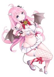 Rule 34 | 1girl, akahara tyun, bat wings, bell, blue eyes, borrowed character, collar, demon girl, demon horns, demon tail, demon wings, fishnet thighhighs, fishnets, heart, heart hands, horns, long hair, looking at viewer, neck bell, original, pink hair, pointy ears, single thighhigh, smile, solo, tail, thighhighs, wings