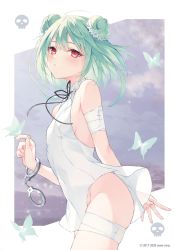 Rule 34 | 1girl, ahoge, bandages, bandaged arm, bandaged leg, bandages, bare shoulders, breasts, bug, butterfly, covered navel, cowboy shot, cuffs, double bun, dress, green hair, groin, hair ornament, handcuffs, highres, hololive, bug, looking at viewer, medium hair, no panties, red eyes, rurudo, sleeveless, sleeveless dress, small breasts, solo, thighs, uruha rushia, virtual youtuber, white dress
