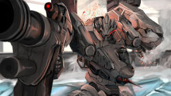 Rule 34 | absurdres, armored core, armored core 6, blurry, depth of field, glowing, glowing eye, glowing eyes, gorigorimatcha, gun, highres, holding, holding gun, holding weapon, looking at viewer, mecha, mecha focus, missile pod, missing limb, nightfall (armored core 6), no humans, pointing gun, red eyes, robot, science fiction, sensor, shoulder cannon, smoke, solo, standing, upper body, weapon