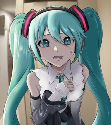 Rule 34 | 1girl, aqua eyes, aqua hair, aqua ribbon, bare shoulders, black skirt, blurry, blurry background, detached sleeves, hair ornament, hand on own chest, hatsune miku, hatsune miku (nt), headphones, highres, layered sleeves, long hair, looking at viewer, neck ribbon, open mouth, piapro, pleated skirt, ribbon, see-through, see-through sleeves, shirt, shoulder tattoo, skirt, sleeveless, sleeveless shirt, solo, sweatdrop, tattoo, textless version, twintails, upper body, variant set, very long hair, vocaloid, white shirt, white sleeves, worried, yoshiyuki eve