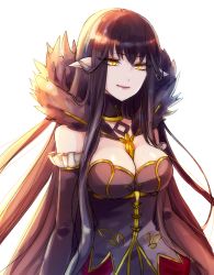 Rule 34 | black hair, blush, breasts, brown eyes, cleavage, dress, fangs, fate/apocrypha, fate (series), hair between eyes, highres, large breasts, long hair, pointy ears, semiramis (fate), simple background, smile, solo, standing, very long hair, white background