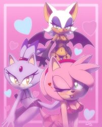 Rule 34 | 3girls, amy rose, animal ears, bad deviantart id, bad id, bat ears, bat girl, bat wings, blaze the cat, cat ears, cat girl, cat tail, forehead jewel, furry, furry female, hairband, hand on own hip, heart, hedgehog girl, highres, lingerie, looking at viewer, multiple girls, nancher, pink fur, ponytail, purple fur, red hairband, rouge the bat, smile, sonic (series), tail, underwear, white fur, wings