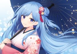 Rule 34 | 1girl, blue background, blue eyes, blue hair, closed mouth, commentary, copyright request, floral background, floral print, gradient background, gradient clothes, hair bun, hair ornament, highres, holding, holding umbrella, japanese clothes, kimono, long hair, looking at viewer, miko (royal milk), nail polish, oil-paper umbrella, pink nails, print kimono, single hair bun, smile, symbol-only commentary, umbrella, white background