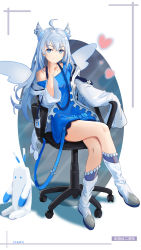 Rule 34 | 1girl, absurdres, ahoge, artist name, blue eyes, blue hair, boots, chair, closed mouth, coat, crossed legs, heart, highres, horns, id card, long hair, long sleeves, looking at viewer, mihoyo, miyouji, nukw27, office chair, sitting, smile, solo, swivel chair, white background, white coat, white footwear, wings
