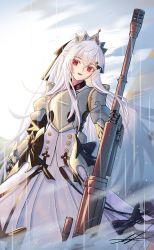 Rule 34 | 1girl, adapted costume, anti-materiel rifle, armor, armored dress, bolt action, bullpup, female knight, gauntlets, girls&#039; frontline, grey hair, gun, highres, iws 2000 (girls&#039; frontline), knight, long hair, needlegun, prototype design, red eyes, rifle, sniper rifle, solo, steyr arms, steyr iws 2000, steyr mannlicher, unitaka, very long hair, weapon, white hair