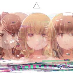 Rule 34 | 3girls, album cover, blonde hair, blurry, brown eyes, brown hair, closed mouth, collarbone, commentary request, cover, diao ye zong, expressionless, glitch, hanada hyou, implied nudity, long hair, lowres, maribel hearn, medium hair, multiple girls, straight hair, touhou, triangle, upper body, usami renko, usami sumireko, wavy hair, white background, yellow eyes