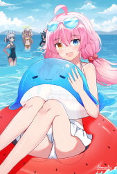 Rule 34 | 4girls, absurdres, bikini, blue archive, blush, breasts, floating hair, frilled bikini, frills, halo, happy, heterochromia, highres, hoshino (blue archive), hoshino (swimsuit) (blue archive), inflatable orca, inflatable toy, innertube, looking at viewer, multiple girls, namakisama, ocean, official alternate costume, outdoors, pink hair, small breasts, smile, solo focus, swim ring, swimsuit, twintails, white bikini