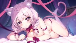 Rule 34 | 1girl, absurdres, animal ears, bed, bow, braid, breasts, cat ears, cat tail, cleavage, closed mouth, curtains, dot nose, hair bow, heart, heart-shaped pillow, highres, indie virtual youtuber, izumiya konomi, large breasts, looking at viewer, lying, naked ribbon, navel, on side, pillow, pink eyes, pink hair, red bow, red ribbon, ribbon, shiny skin, short hair, smile, solo, split mouth, sugiki, tail, thighs, twin braids, virtual youtuber, wrist bow