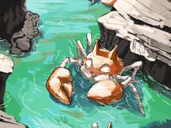 Rule 34 | commentary request, crab, creatures (company), day, from above, game freak, gen 1 pokemon, krabby, nintendo, no humans, outdoors, partially submerged, pokemon, pokemon (creature), rock, sideways glance, signature, solo, walking, water, watermark, yunimaru