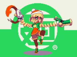 Rule 34 | 1girl, arms (game), bad id, bad pixiv id, beanie, blonde hair, blue eyes, chinese clothes, domino mask, full body, green eyes, hat, leggings, leggings under shorts, lowres, mask, min min (arms), open mouth, pantyhose, pixel art, sakuemon, shorts, solo, standing, standing on one leg