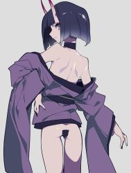 Rule 34 | 1girl, ass, bare shoulders, bob cut, breasts, collarbone, eyeliner, fate/grand order, fate (series), highres, horns, japanese clothes, kimono, long sleeves, looking at viewer, looking back, makeup, mochizuki kei, oni, purple eyes, purple hair, purple kimono, revealing clothes, short hair, shuten douji (fate), simple background, skin-covered horns, small breasts, solo, thighs, wide sleeves