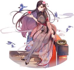 Rule 34 | 1girl, ark order, bird, black dress, black footwear, black hair, black pantyhose, bracelet, breasts, bridge, china dress, chinese clothes, dress, earrings, egg, falling petals, flower, hair flower, hair ornament, hair stick, heart, jacket, jewelry, large breasts, long hair, long sleeves, looking at viewer, nest, official art, pantyhose, petals, red eyes, see-through, see-through jacket, shoes, short sleeves, side slit, sitting, smoke, solo, tachi-e, transparent background, very long hair, you ni ge shaobing, zhurong (ark order)