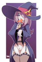 Rule 34 | 1girl, bigdead, border, cleft of venus, clitoris, clothes lift, dress, dress lift, garter belt, garter straps, hair over one eye, hat, highres, legs, lifted by self, little witch academia, long hair, looking at viewer, mushroom, navel, no panties, one eye covered, purple background, purple eyes, purple hair, pussy, pussy juice, solo, standing, sucy manbavaran, sweatdrop, thigh gap, thighhighs, uncensored, white border, witch, witch hat