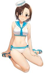 Rule 34 | 1girl, absurdres, anchor symbol, bare arms, bare shoulders, bikini, blue footwear, blue neckerchief, blue sailor collar, blush, breasts, brown eyes, brown hair, closed mouth, collarbone, commentary request, forehead, full body, hand on own thigh, hat, highres, idolmaster, idolmaster cinderella girls, looking at viewer, medium breasts, mizuki seira, navel, neckerchief, nose blush, onao, sailor bikini, sailor collar, sailor hat, sailor swimsuit (idolmaster), sandals, short hair, simple background, sitting, smile, solo, stomach, swimsuit, wariza, white background, white bikini, white hat