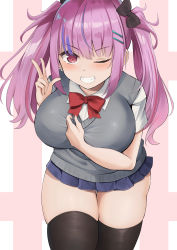 Rule 34 | 1girl, absurdres, black bow, black thighhighs, blush, bow, bowtie, breasts, hair bow, hair ornament, hairclip, highres, large breasts, miniskirt, multicolored hair, neneneji, one eye closed, original, pink hair, purple hair, red bow, red bowtie, school uniform, skirt, smile, solo, streaked hair, tagme, teeth, thighhighs, thighs, twintails, v