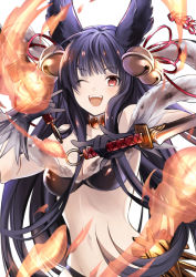 Rule 34 | 1girl, ;d, animal ears, bare shoulders, bell, black gloves, black hair, blush, breasts, dual wielding, erune, fire, gloves, granblue fantasy, hair bell, hair ornament, holding, jingle bell, looking at viewer, medium breasts, one eye closed, open mouth, red eyes, smile, solo, sword, umou (user xxhp7583), weapon, white background, yuel (granblue fantasy)