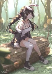 Rule 34 | 1girl, animal ears, bandaged leg, bandages, black footwear, black hair, black jacket, black shorts, blurry, blurry foreground, blush, breasts, brown eyes, camisole, cleavage, closed mouth, commentary request, day, depth of field, hair between eyes, hair ribbon, highres, jacket, log, long hair, long sleeves, looking at viewer, low twintails, medium breasts, off shoulder, open clothes, open jacket, original, outdoors, pink ribbon, rabbit ears, ribbon, shoes, short shorts, shorts, signature, single thighhigh, sitting, sleeves past wrists, smile, solo, thighhighs, tree, twintails, umiroku, very long hair, white camisole, white thighhighs