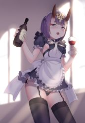 Rule 34 | 1girl, apron, black panties, black thighhighs, breasts, commentary, fate/grand order, fate (series), frills, highres, holding, horns, jungki dr, looking at viewer, maid, oni, panties, puffy short sleeves, puffy sleeves, purple eyes, purple hair, short hair, short sleeves, shuten douji (fate), skin-covered horns, small breasts, smile, solo, thighhighs, underwear, white apron