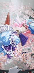 Rule 34 | 2girls, blue headwear, blue kimono, cherry blossoms, floral print, frilled kimono, frilled sleeves, frills, gap (touhou), gloves, hand fan, highres, holding, holding fan, japanese clothes, kimono, looking at viewer, multiple girls, panghulao, pink eyes, pink hair, print kimono, saigyouji yuyuko, smile, touhou, white gloves, yakumo yukari